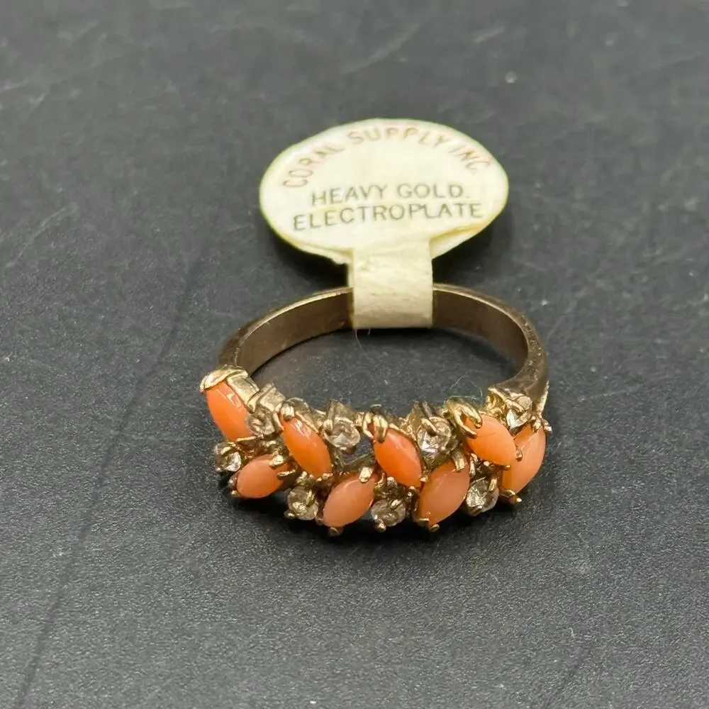 Vintage Cocktail Ring Coral Cabochon Band Ring Heavy Gold Electroplate